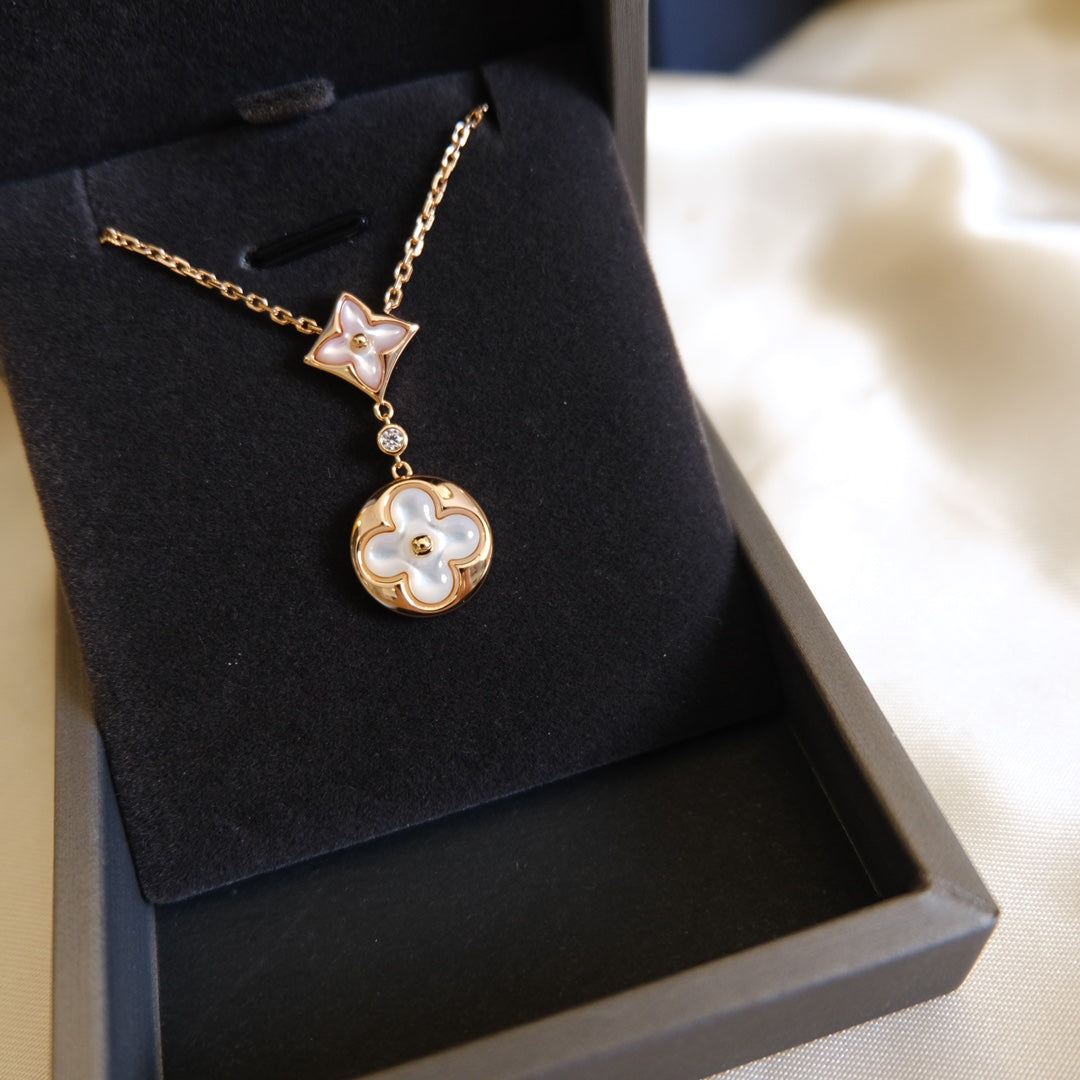 [Marin-Jewelry]STAR AND SUN WHITE MOP 2 MOTIF PINK GOLD NECKLACE