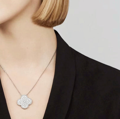 [Marin-Jewelry]CLOVER 25MM LARGE PENDANT DIAMOND PAVED SILVER NECKLACE