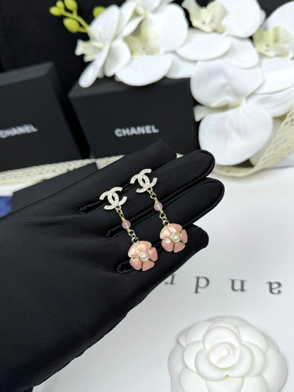 [Marin-Jewelry]26C Pink Camellia Enamel Pendant with Double C Earrings