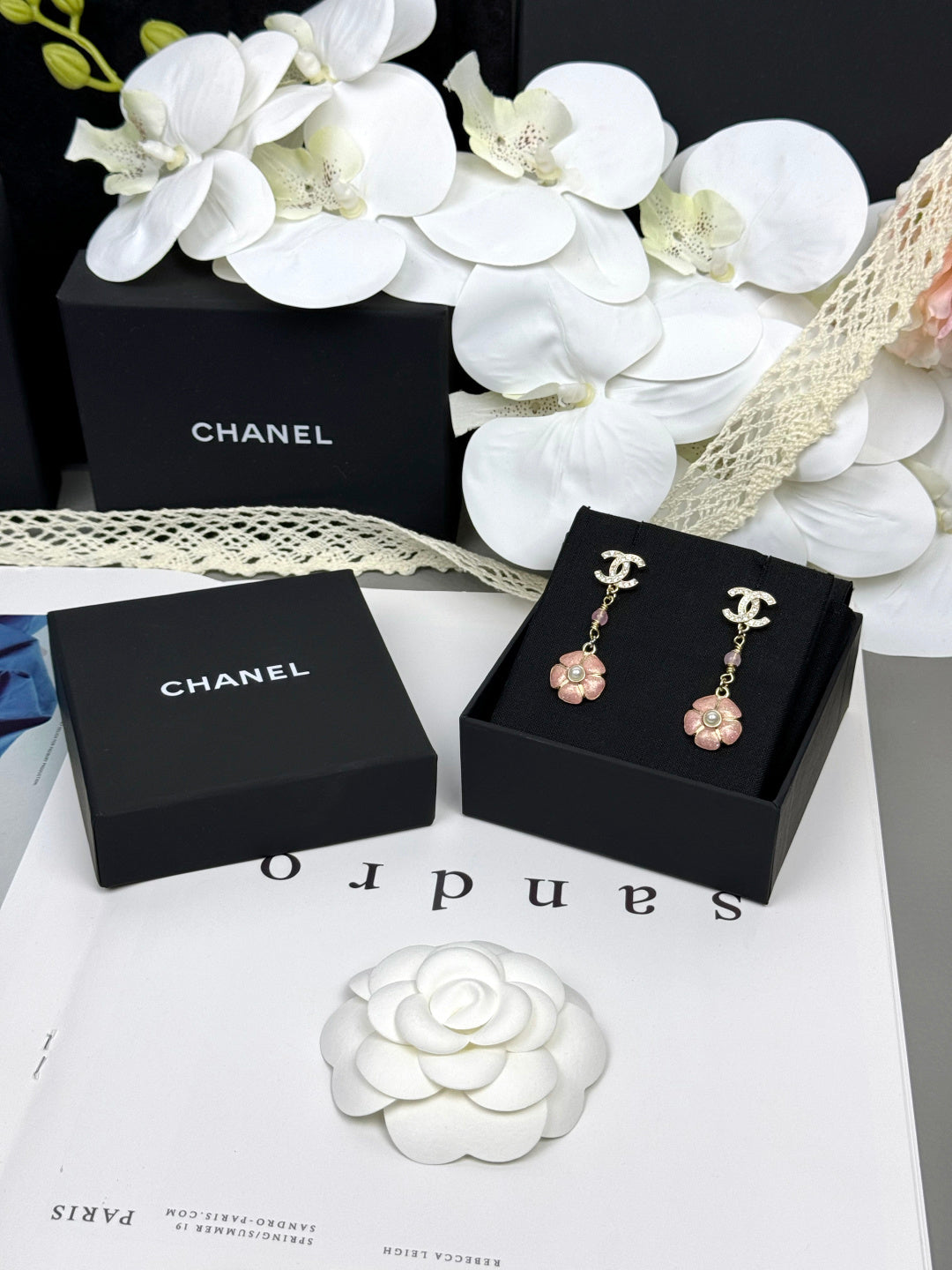 [Marin-Jewelry]26C Pink Camellia Enamel Pendant with Double C Earrings