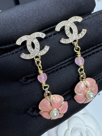 [Marin-Jewelry]26C Pink Camellia Enamel Pendant with Double C Earrings
