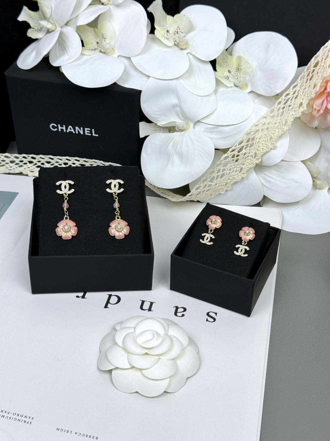 [Marin-Jewelry]26C Pink Camellia Enamel Pendant with Double C Earrings