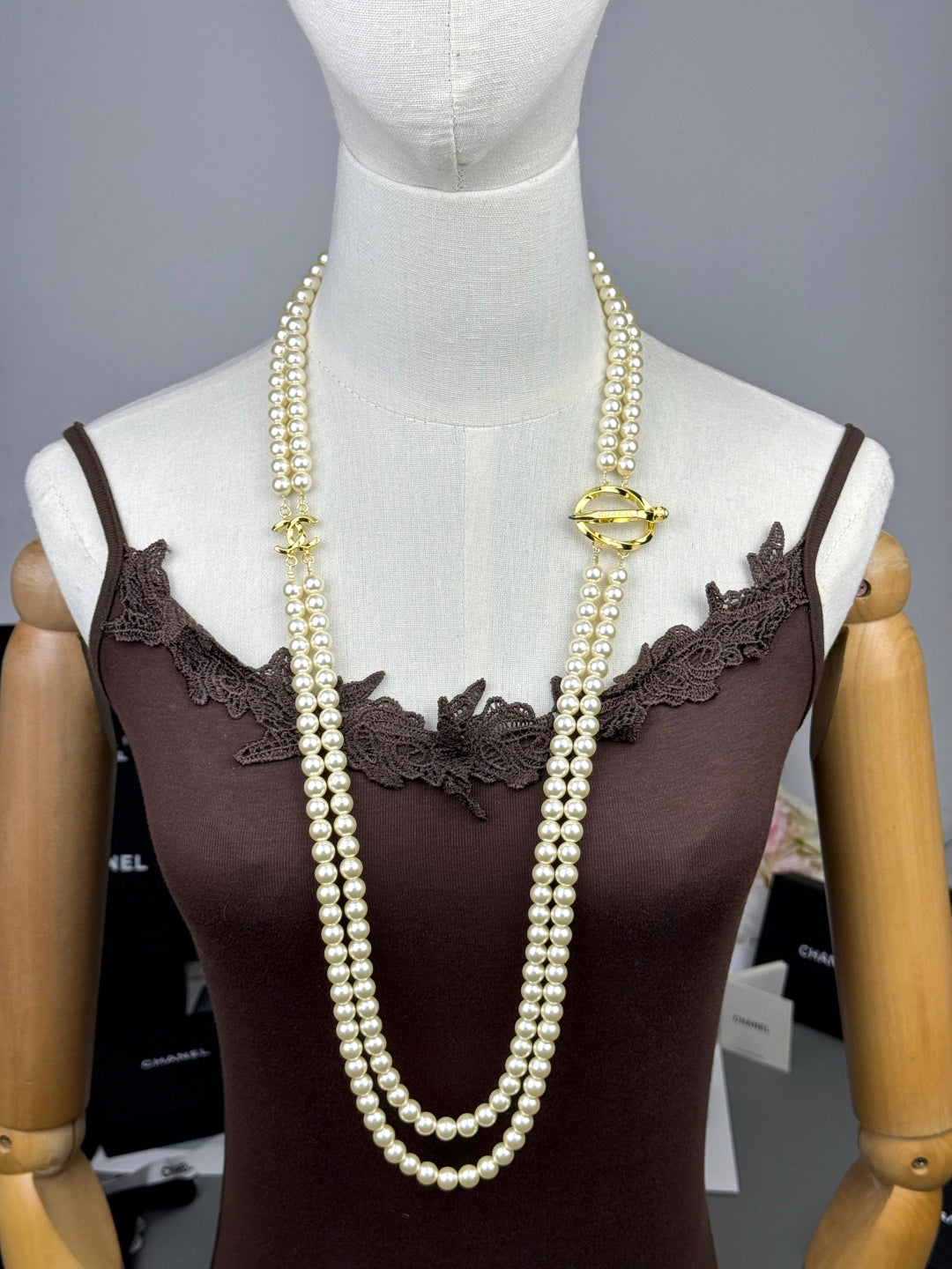 [Marin-Jewelry]25K Pencil Double C Double-Layer Pearl Sweater Chain