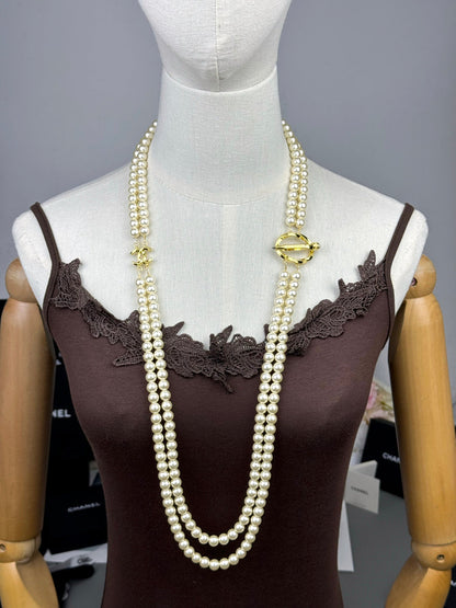 [Marin-Jewelry]25K Pencil Double C Double-Layer Pearl Sweater Chain