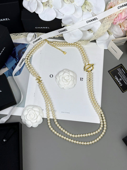 [Marin-Jewelry]25K Pencil Double C Double-Layer Pearl Sweater Chain