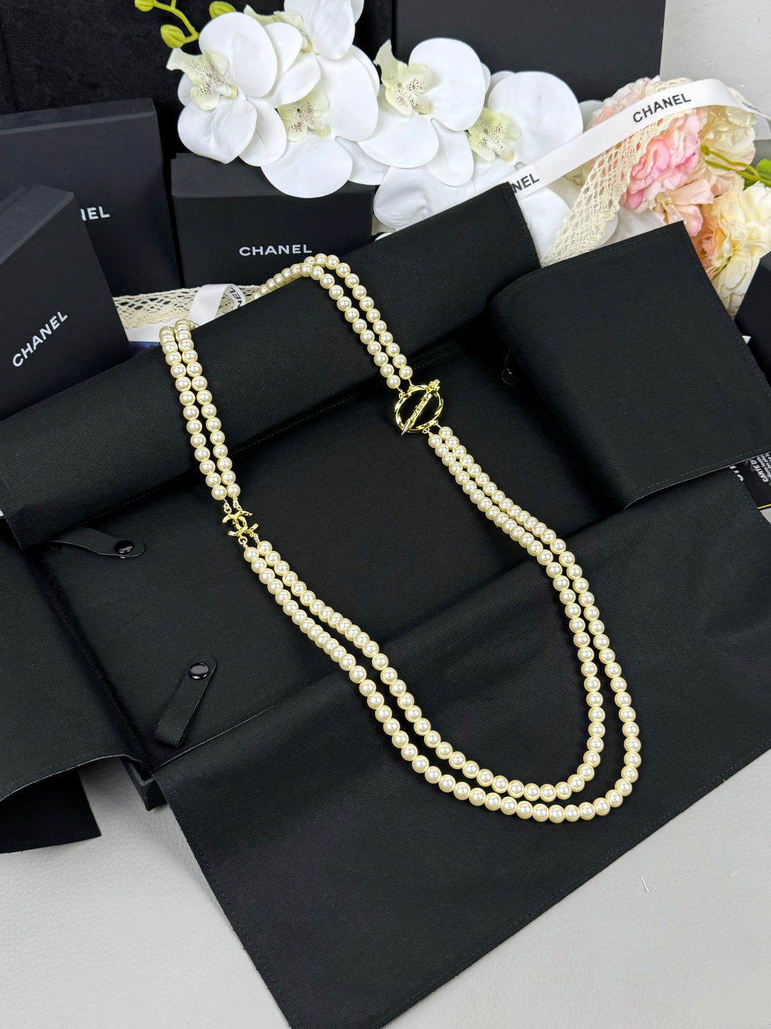 [Marin-Jewelry]25K Pencil Double C Double-Layer Pearl Sweater Chain