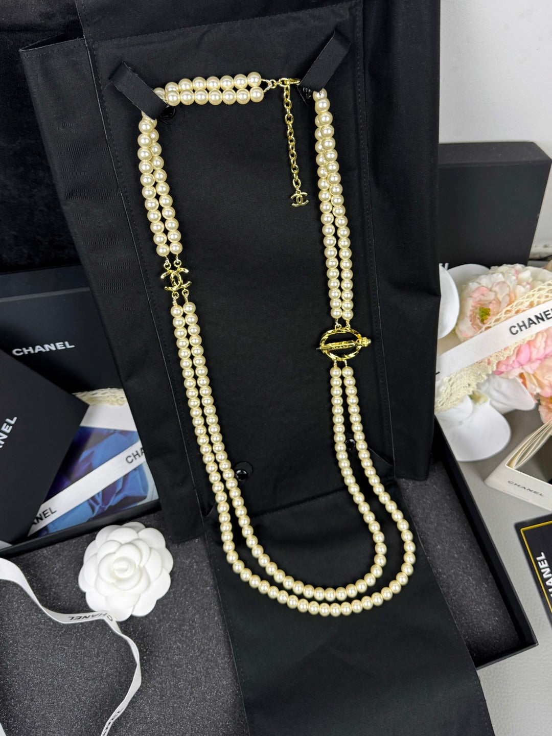 [Marin-Jewelry]25K Pencil Double C Double-Layer Pearl Sweater Chain