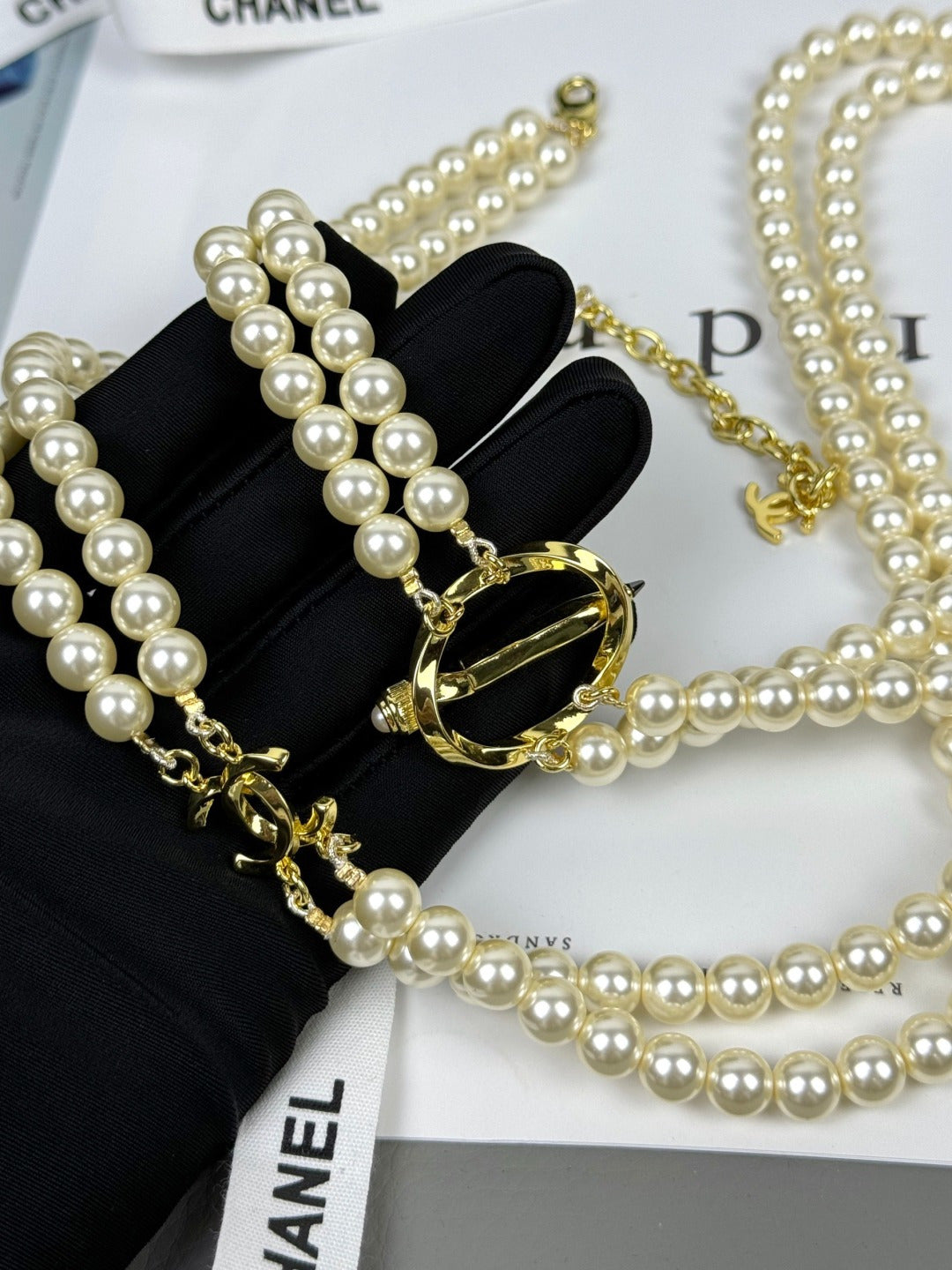 [Marin-Jewelry]25K Pencil Double C Double-Layer Pearl Sweater Chain
