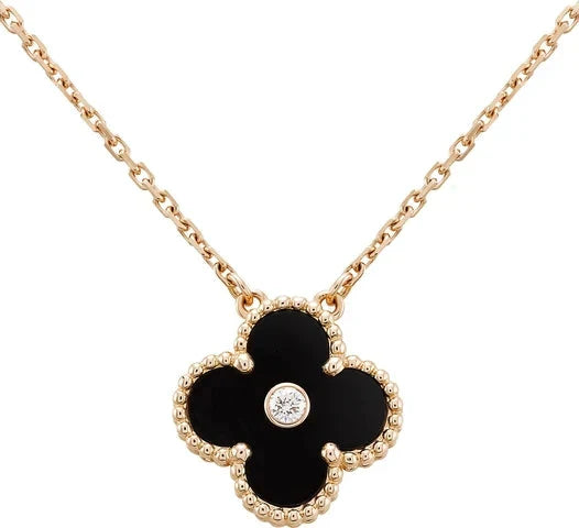[Marin-Jewelry]CLOVER 15MM DIAMOND ONYX NECKLACE