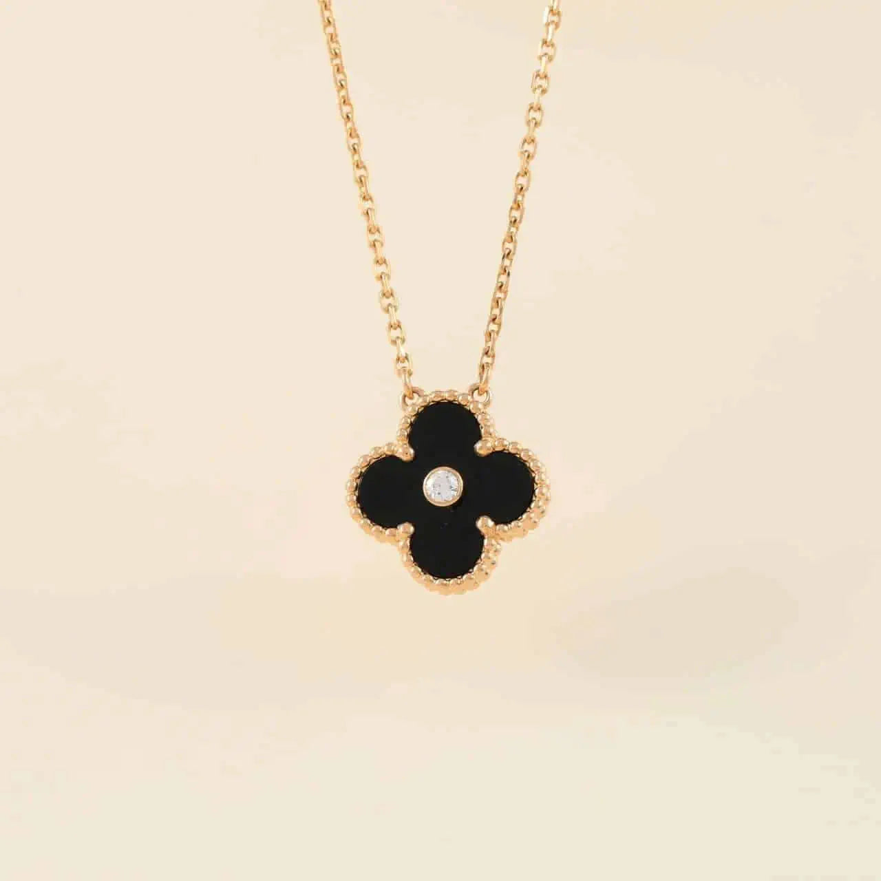[Marin-Jewelry]CLOVER 15MM DIAMOND ONYX NECKLACE