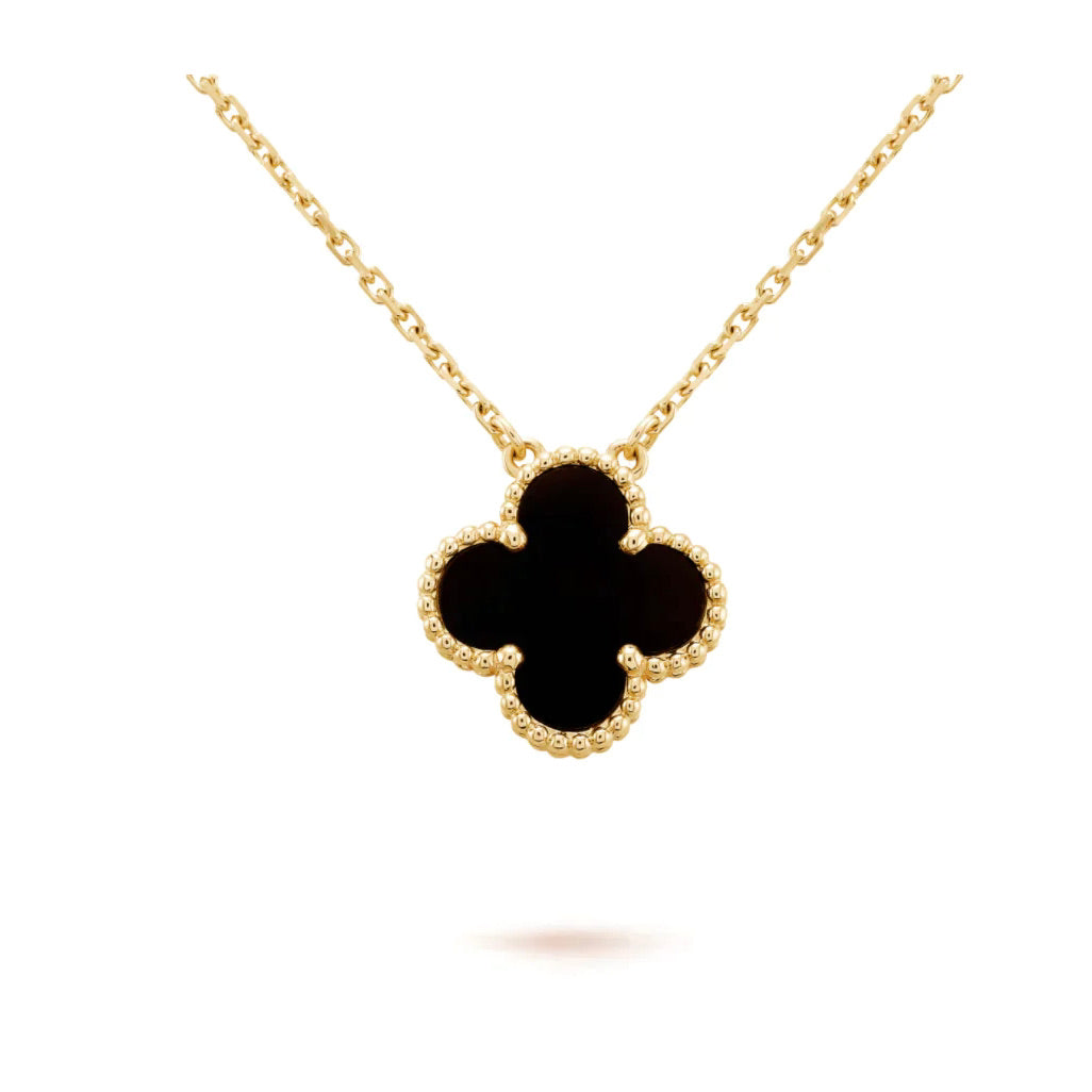 [Marin-Jewelry]CLOVER 15MM BLACK ONYX SINGLE FLOWER NECKLACE