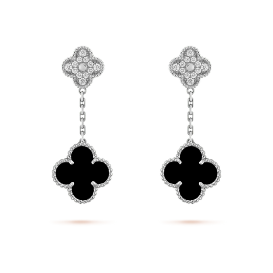 [Marin-Jewelry]CLOVER 2 MOTIFS  DIAMOND ONYX EARRINGS SILVER