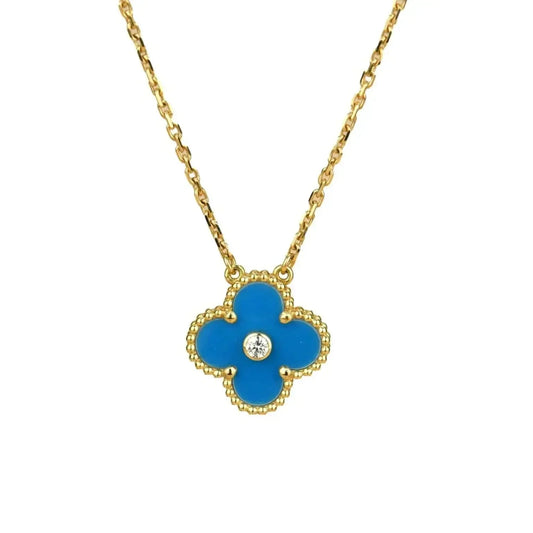[Marin-Jewelry]CLOVER 15MM DIAMOND AND BLUE AGATE NECKLACE