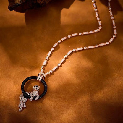 [Marin-Jewelry jewelrys]NEW BLACK CIRCLE PANTHER FULL DIAMOND NECKLACE