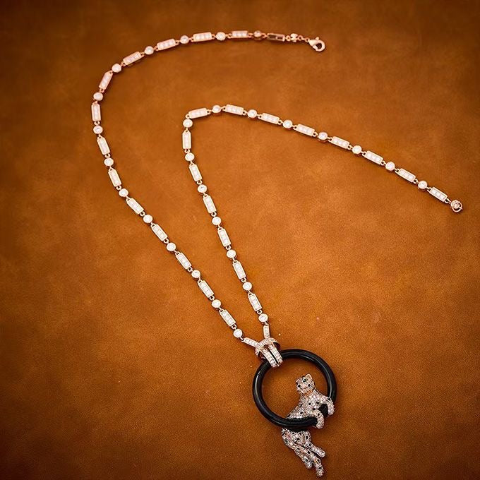 [Marin-Jewelry jewelrys]NEW BLACK CIRCLE PANTHER FULL DIAMOND NECKLACE