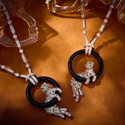 [Marin-Jewelry jewelrys]NEW BLACK CIRCLE PANTHER FULL DIAMOND NECKLACE