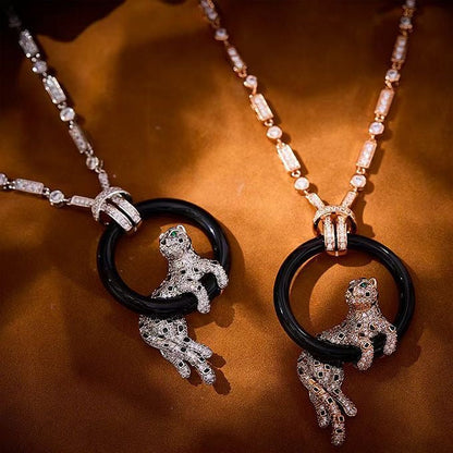 [Marin-Jewelry jewelrys]NEW BLACK CIRCLE PANTHER FULL DIAMOND NECKLACE