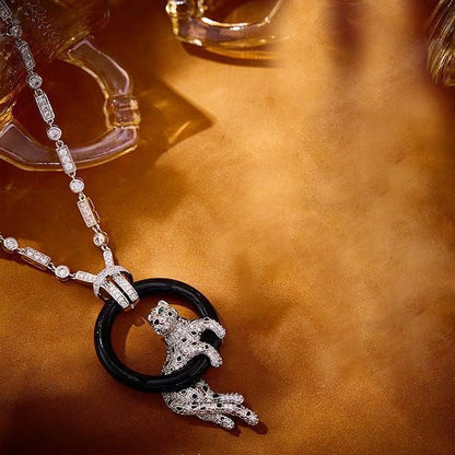 [Marin-Jewelry jewelrys]NEW BLACK CIRCLE PANTHER FULL DIAMOND NECKLACE