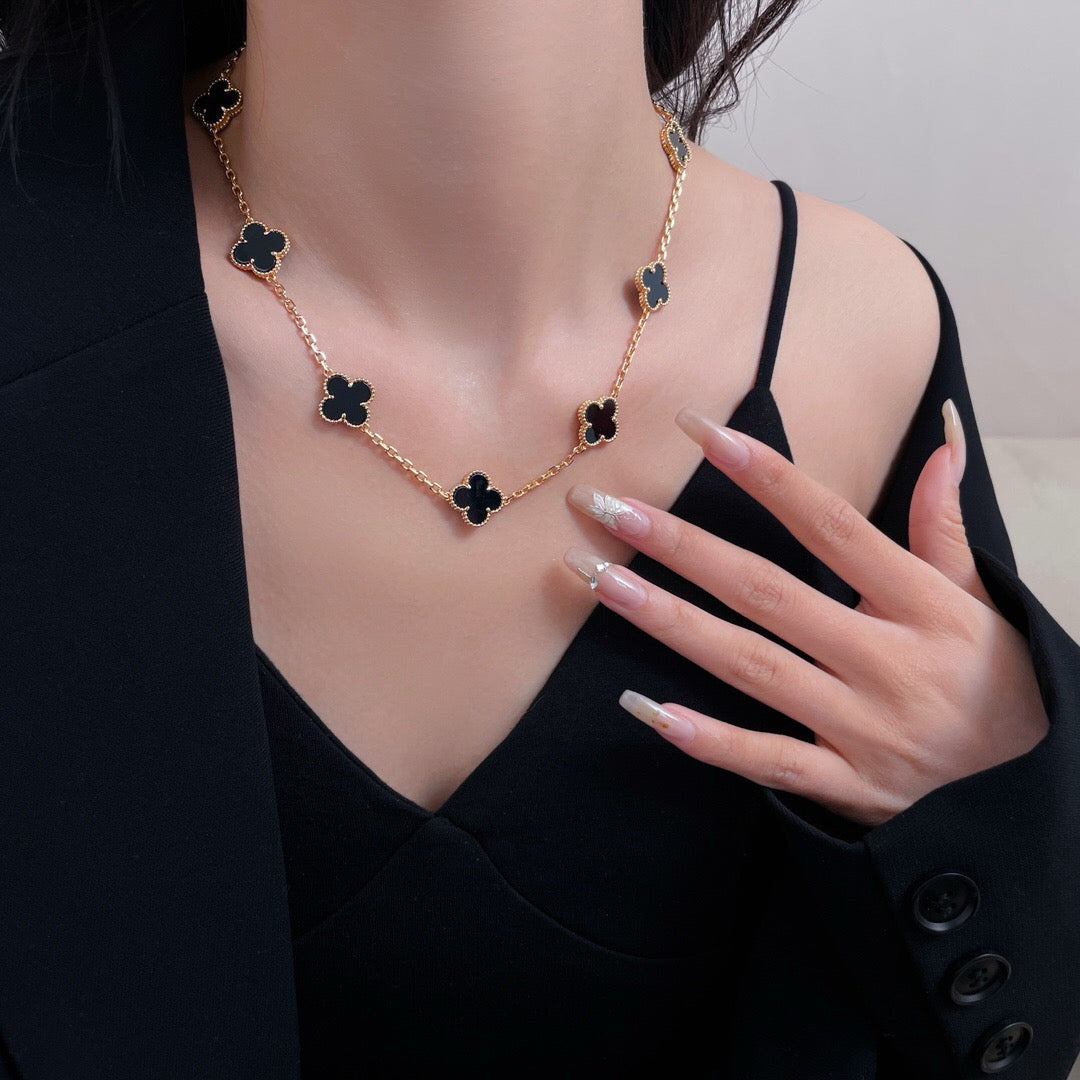 [Marin-Jewelry]CLOVER 10 MOTIFS ONYX NECKLACE