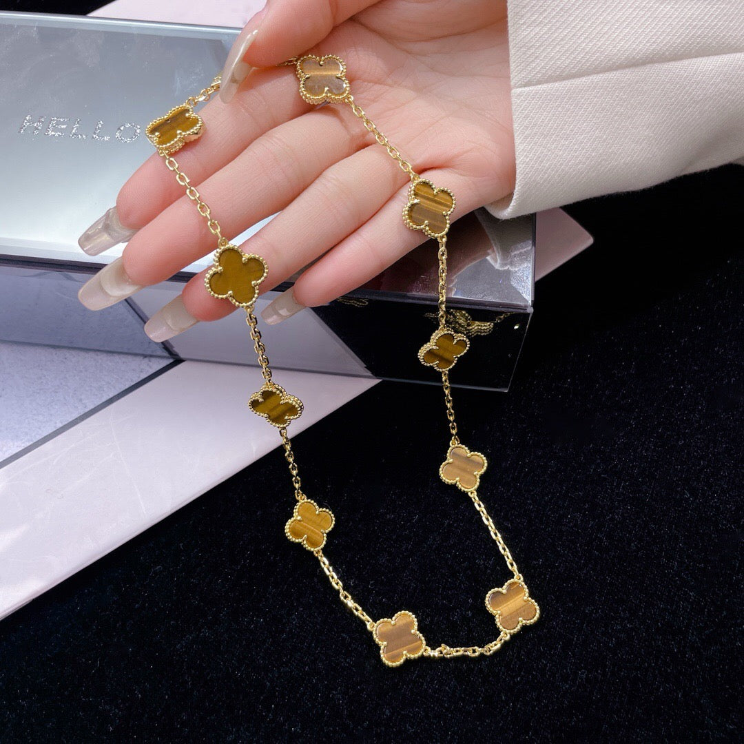 [Marin-Jewelry]CLOVER 10 MOTIFS TIGER EYE NECKLACE