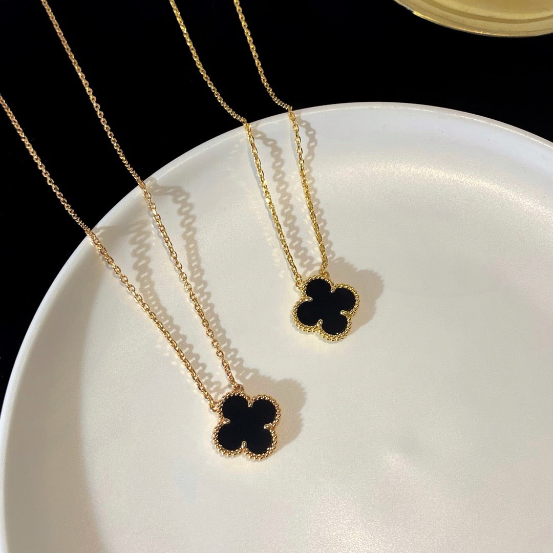 [Marin-Jewelry]CLOVER 15MM BLACK ONYX SINGLE FLOWER NECKLACE