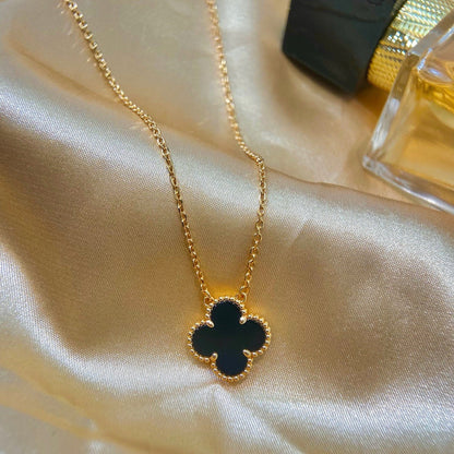 [Marin-Jewelry]CLOVER 15MM BLACK ONYX SINGLE FLOWER NECKLACE