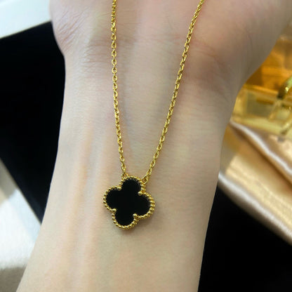 [Marin-Jewelry]CLOVER 15MM BLACK ONYX SINGLE FLOWER NECKLACE