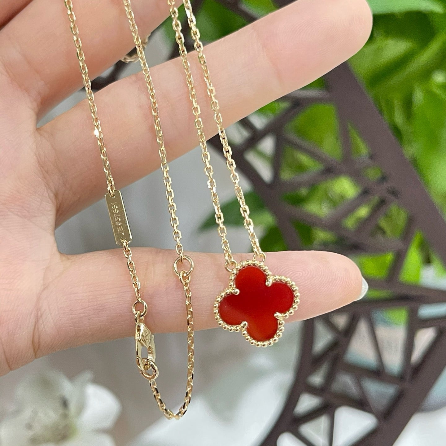 [Marin-Jewelry]CLOVER 15MM CARNELIAN SINGLE FLOWER NECKLACE