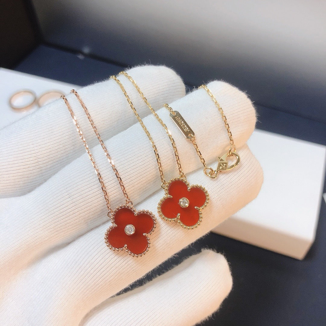 [Marin-Jewelry]CLOVER 15MM DIAMOND CARNELIAN NECKLACE