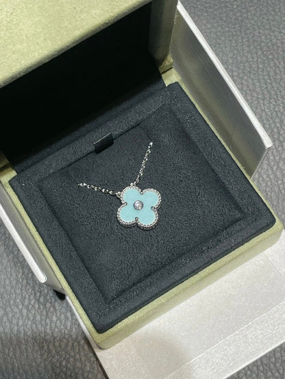 [Marin-Jewelry]CLOVER 1 DIAMOND LIGHT BLUE SILVER NECKLACE