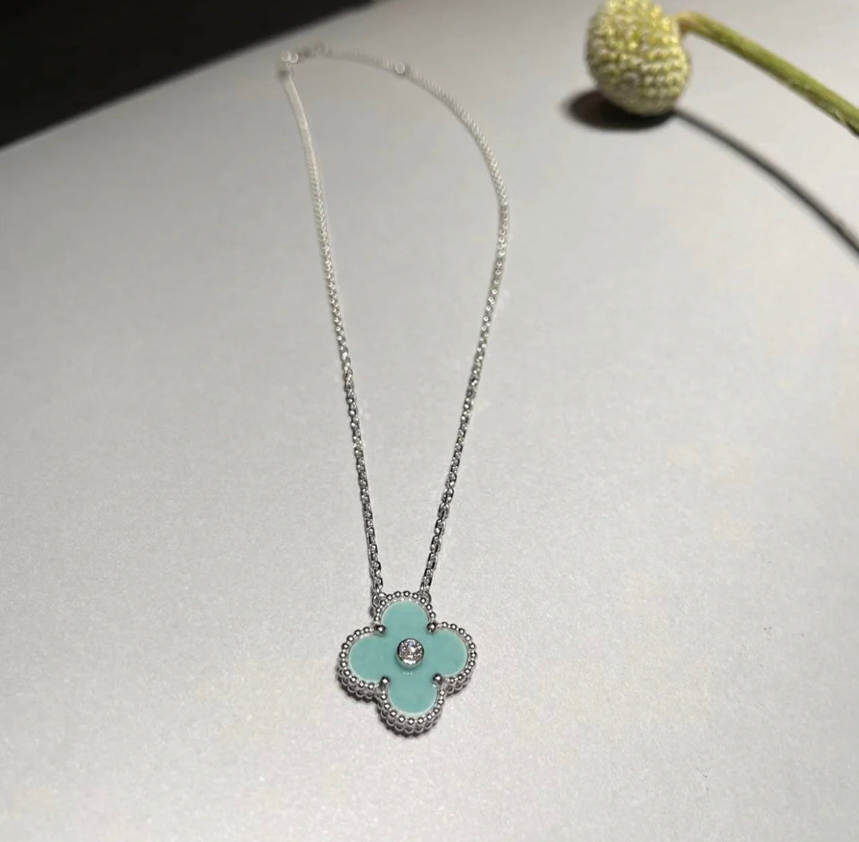 [Marin-Jewelry]CLOVER 1 DIAMOND LIGHT BLUE SILVER NECKLACE