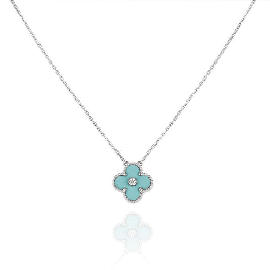 [Marin-Jewelry]CLOVER 1 DIAMOND LIGHT BLUE SILVER NECKLACE