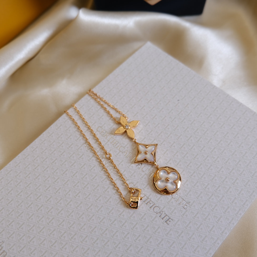 [Marin-Jewelry]COLOR BLOSSOM LARIAT NECKLACE PINK GOLD WHITE MOTHER PEARL AND DIAMOND