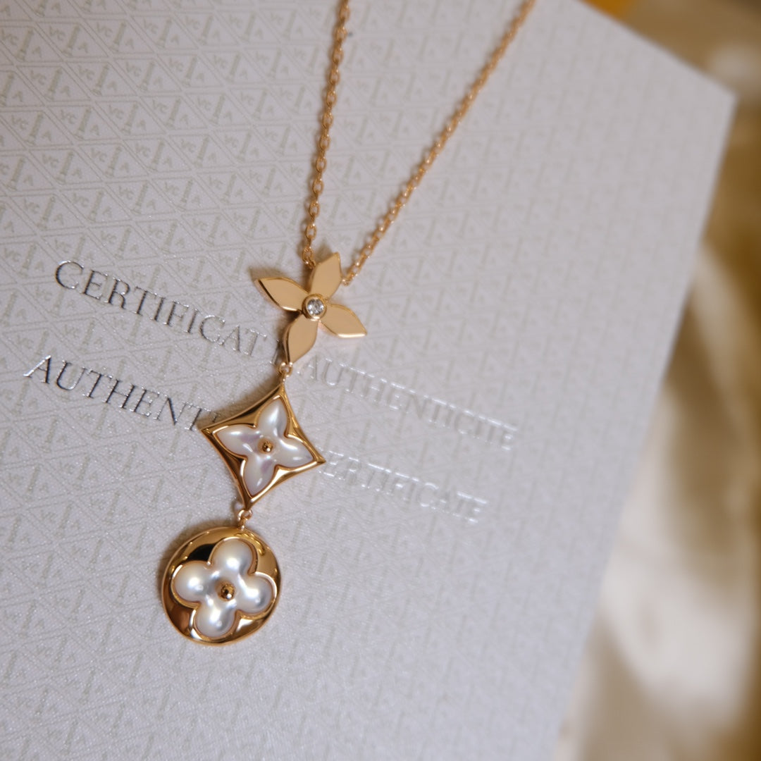 [Marin-Jewelry]COLOR BLOSSOM LARIAT NECKLACE PINK GOLD WHITE MOTHER PEARL AND DIAMOND