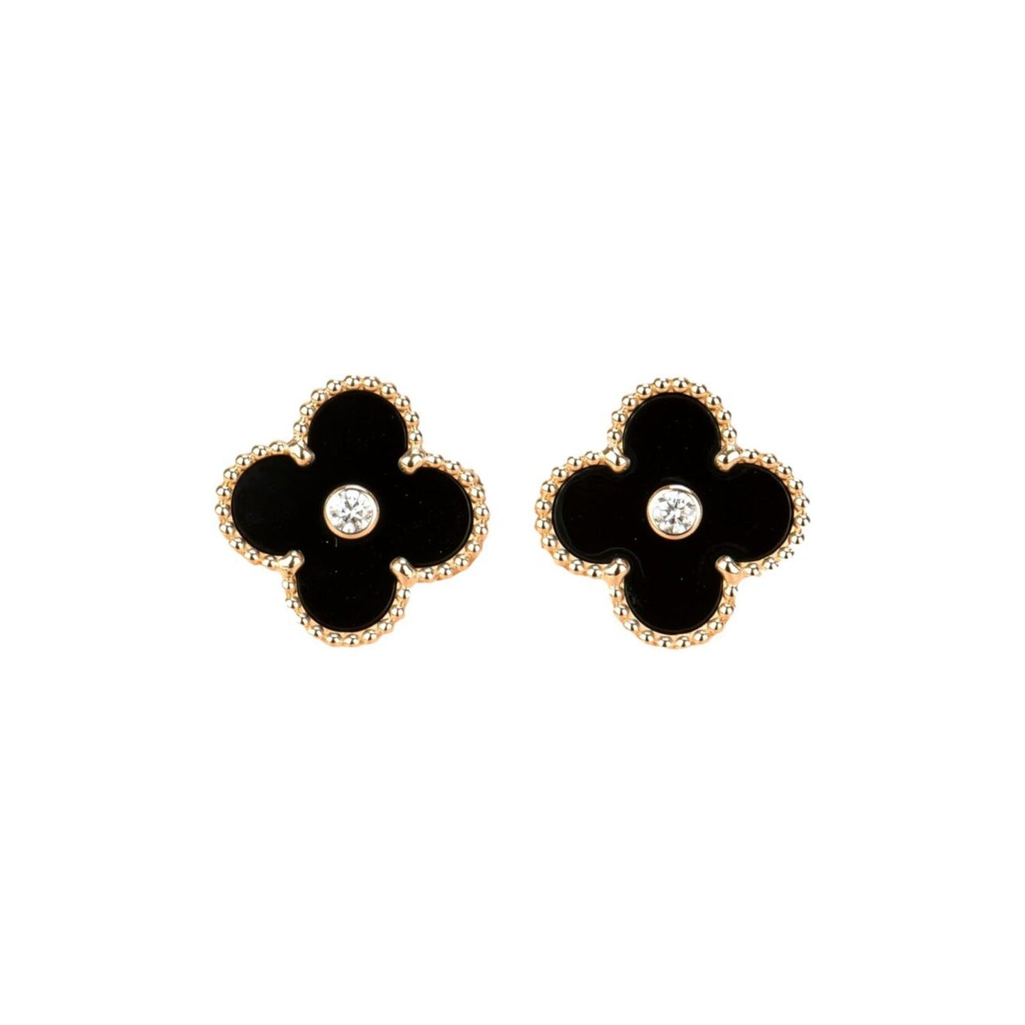 [Marin-Jewelry]CLOVER MEDIUM 1 MOTIFS ONYX DIAMOND EARRINGS