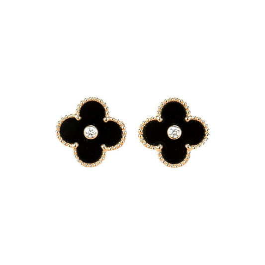 [Marin-Jewelry]CLOVER MEDIUM 1 MOTIFS ONYX DIAMOND EARRINGS