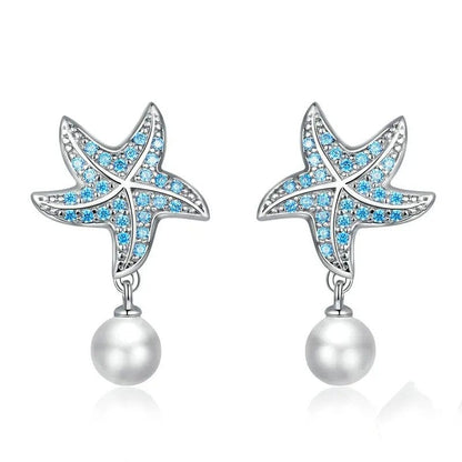 Boucles d'oreilles clous étoiles de mer en zircon bleu océan Boucles d'oreilles pendantes coquille et perle