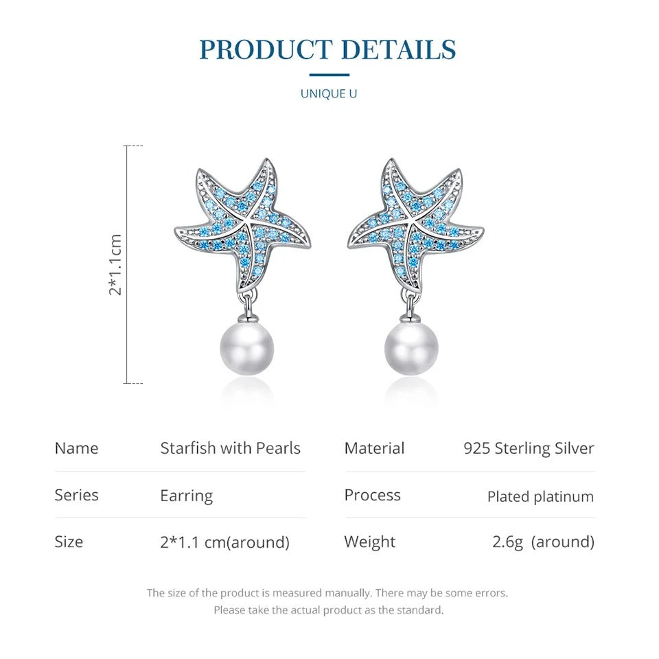 Boucles d'oreilles clous étoiles de mer en zircon bleu océan Boucles d'oreilles pendantes coquille et perle