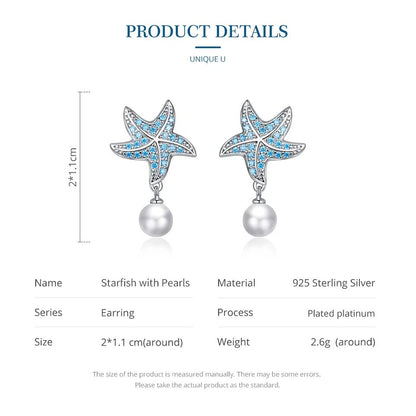 Boucles d'oreilles clous étoiles de mer en zircon bleu océan Boucles d'oreilles pendantes coquille et perle