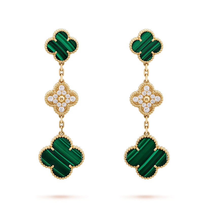 [Marin-Jewelry]CLOVER EARRINGS GOLD MALACHITE DIAMOND 3 MOTIF