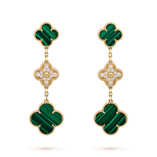 [Marin-Jewelry]CLOVER EARRINGS GOLD MALACHITE DIAMOND 3 MOTIF