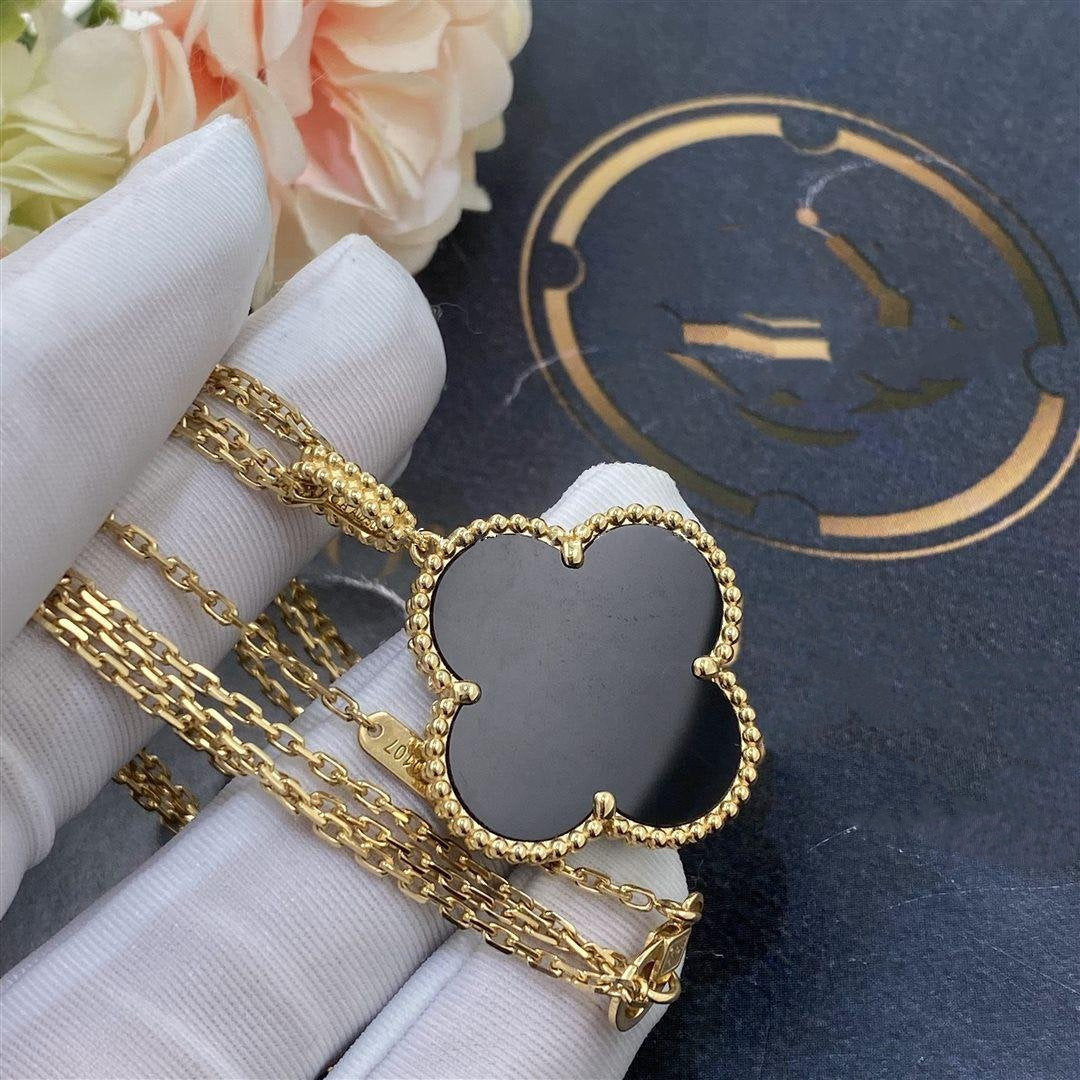 [Marin-Jewelry]CLOVER 25MM GOLD ONYX BIG CLOVER NECKLACE