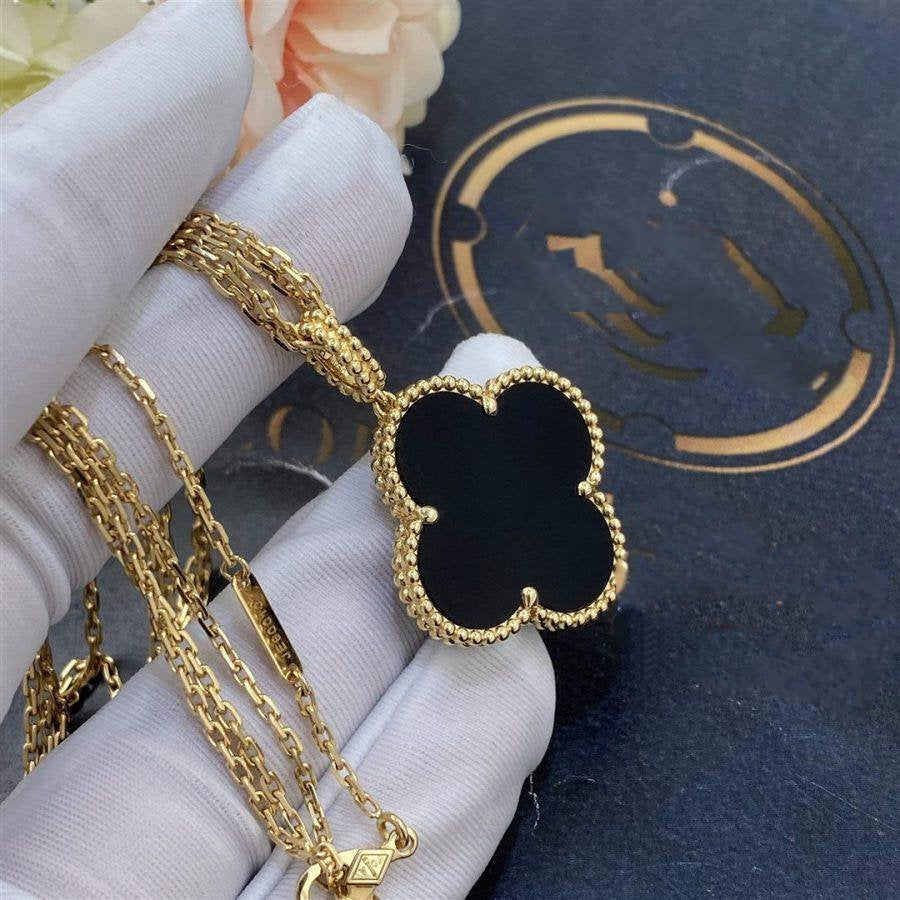 [Marin-Jewelry]CLOVER 25MM GOLD ONYX BIG CLOVER NECKLACE