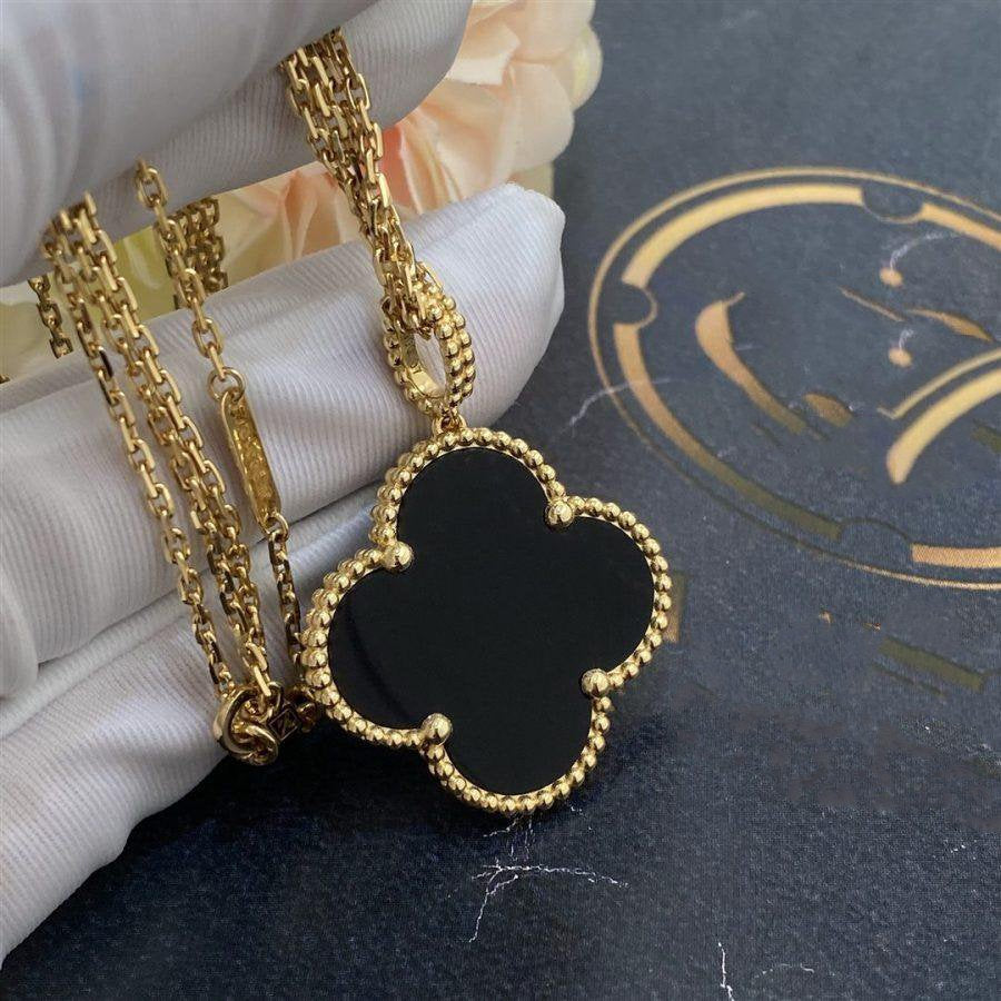 [Marin-Jewelry]CLOVER 25MM GOLD ONYX BIG CLOVER NECKLACE