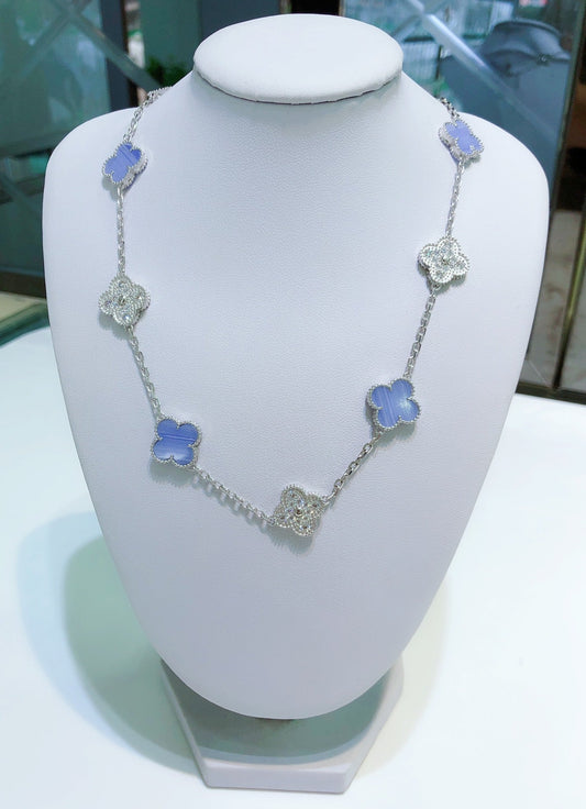 [Marin-Jewelry]CLOVER 10 MOTIFS CHALCEDONY DIAMONDS SILVER NECKLACE