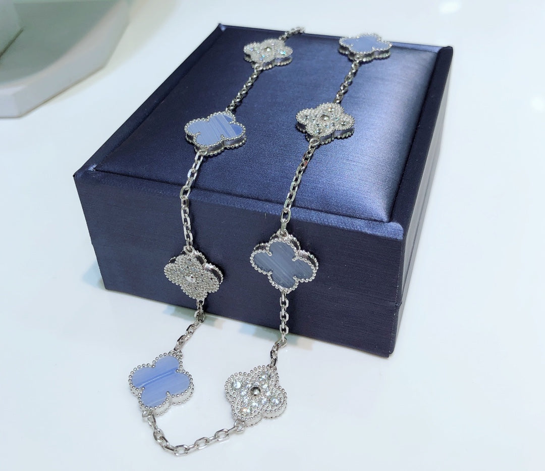 [Marin-Jewelry]CLOVER 10 MOTIFS CHALCEDONY DIAMONDS SILVER NECKLACE