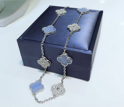 [Marin-Jewelry]CLOVER 10 MOTIFS CHALCEDONY DIAMONDS SILVER NECKLACE