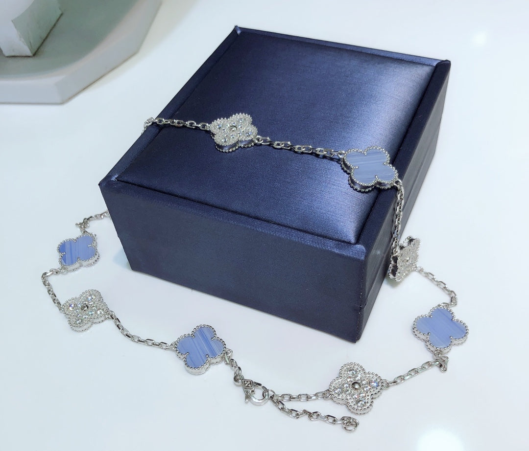 [Marin-Jewelry]CLOVER 10 MOTIFS CHALCEDONY DIAMONDS SILVER NECKLACE