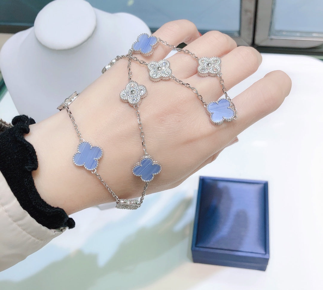 [Marin-Jewelry]CLOVER 10 MOTIFS CHALCEDONY DIAMONDS SILVER NECKLACE